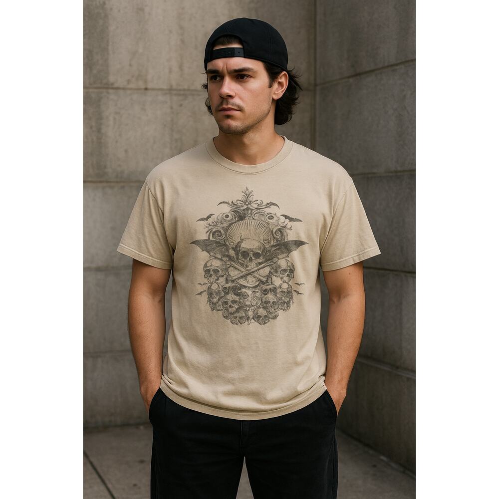 Y2K Gothic Skulls Bats Graphic Beige T-Shirt Route 66 Men’s 2X
